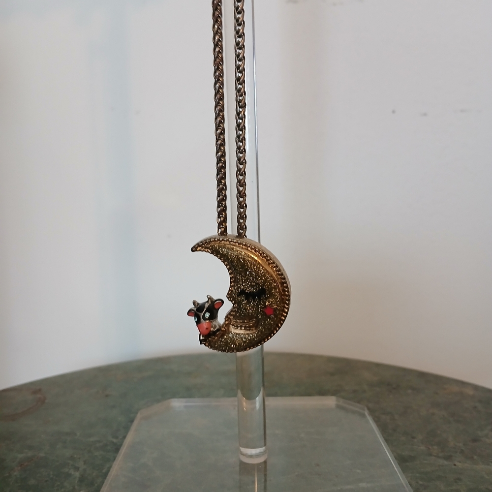Gold Moon Pendant Necklace VINTAGE BETSEY JOHNSON Cow jumped over the MOON